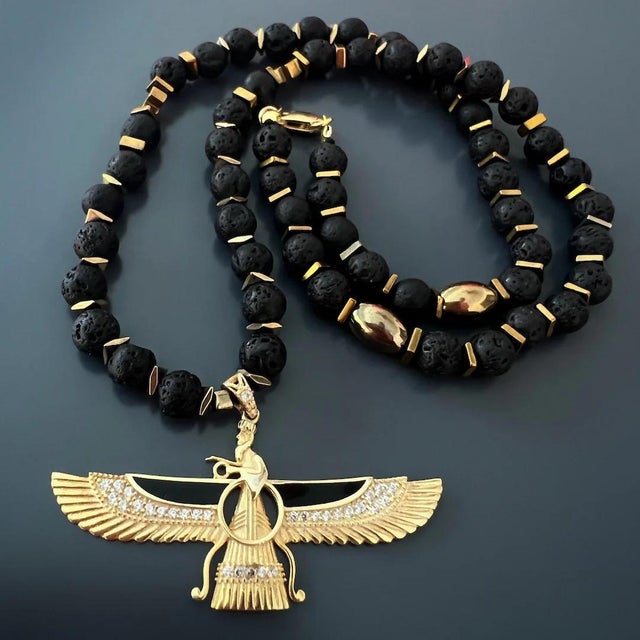 Silver Guidance Faravahar Symbol Pendant Black Beaded Necklace For Sale - Image 8 of 11