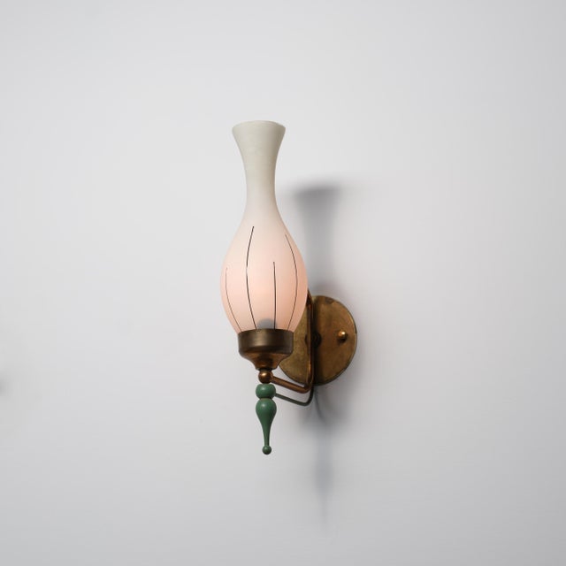 Wood Italian Brass and Green Enamel Wall Sconce with Sculpted Opaline Shade, 1950s For Sale - Image 7 of 11