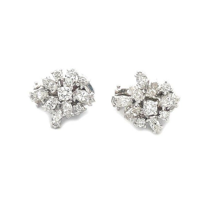 Friedman Diamond Gold Cluster Earrings 18k White Marquise and Round Cut, 2 pieces For Sale - Image 4 of 9