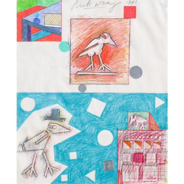 Dick Wray Blue, Orange, and Green Abstract Geometric Figurative Collage, 1981 For Sale - Image 10 of 12