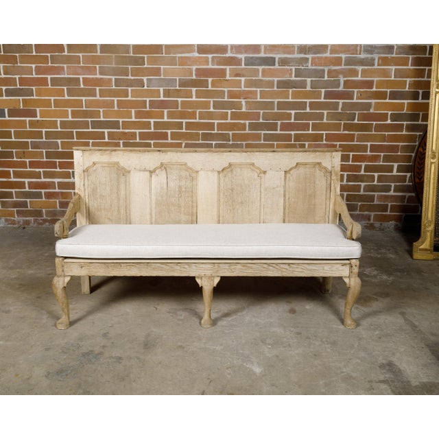 19th Century English 19th Century Oak Bench with Carved Back, Downswept Arms and Cushion For Sale - Image 5 of 12