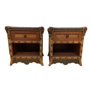 Late 20th Century Arts & Crafts Style Vintage Natural Tan and Olive Green Wicker Nightstands - a Pair For Sale