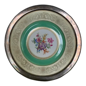 1990s Tirschenreuth Bavaria Hand Painted Floral Celadon Green Decorative Plate Charger Gold Gilt Detailing Sterling Silver Rimmed