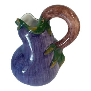 Vintage Italian Hand Painted Ceramic Eggplant Pitcher For Sale