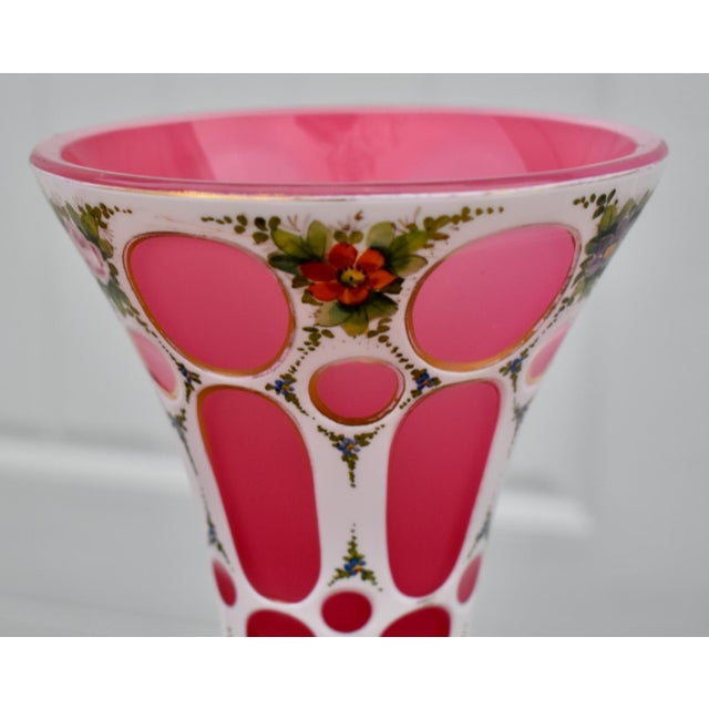 Vintage Pair of Moser? Bohemian Cased Glass Cranberry & White Hand Painted Vases For Sale - Image 11 of 13