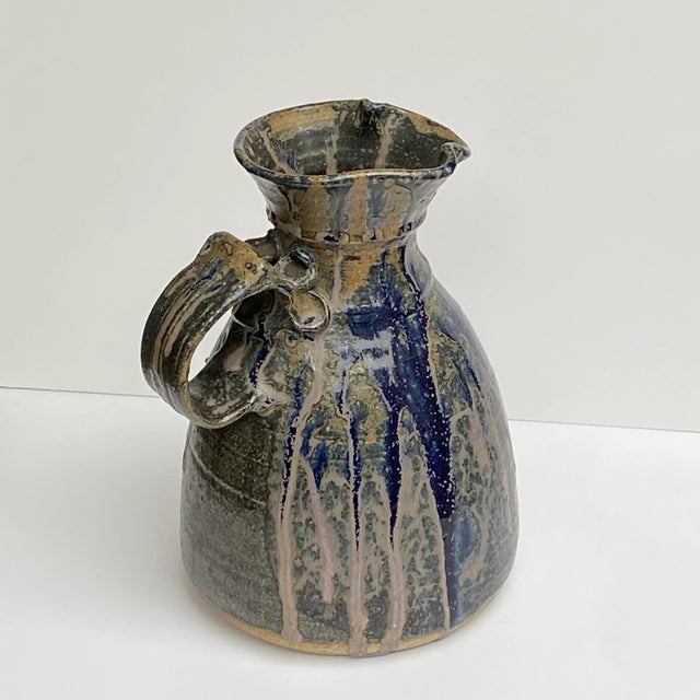 1970s Vintage 1972 Blue Drip Glazed Ceramic Extra Large Jug/Pitcher Signed and Dated by Artist For Sale - Image 5 of 8