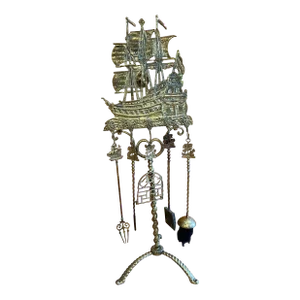 Antique Don Fernando Frigate Twisted Brass Nautical Coal Fireplace Tool Set