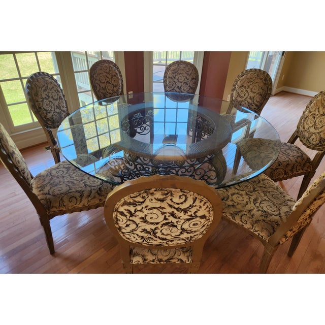 Mediterranean Custom Round Glass Dining Table With Eight Matching Chairs For Sale - Image 3 of 10
