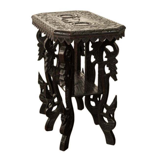 Antique Carved Anglo Indian Teak Wood Elephant Twin Tier Lamp Side Table 1900 For Sale In Portland, OR - Image 6 of 17