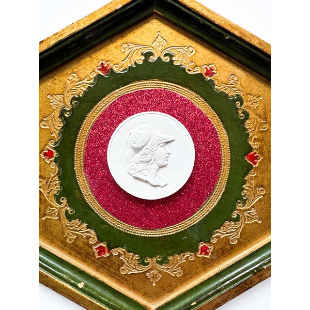Intaglio on Florentine Frame Mixed Media by Dorothy Art, Emerald Green With Red For Sale - Image 4 of 6