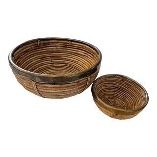 Vintage Pair of Gabriella Crespi Style Coiled Pencil Reed/Brass Bowls For Sale
