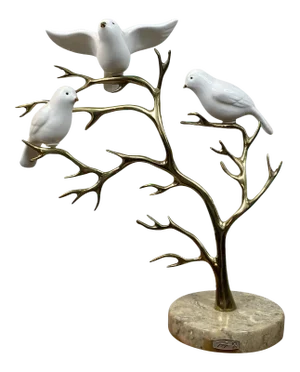 1980s Signed Bijan Ceramic Birds and Brass Tree Sculpture