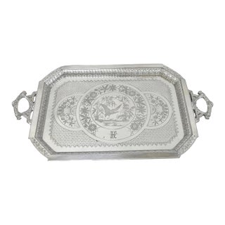 Antique Rogers Smith & Co Art Nouveau Large Silver Plated Crane Bird Etched Tray For Sale