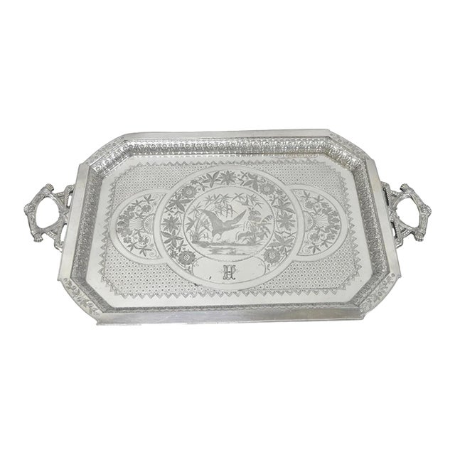 Antique Rogers Smith & Co Art Nouveau Large Silver Plated Crane Bird Etched Tray For Sale