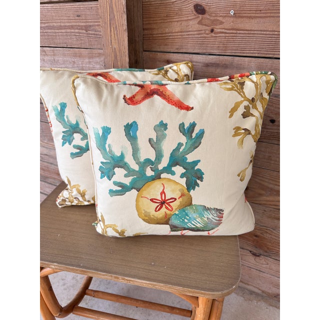 Textile Coastal Sealife Watercolor Self Welt Down Insert Pillows-Pair For Sale - Image 7 of 10