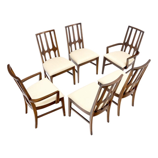 Set of 6 Mid-Century Modern New Linen Upholstery Walnut Dining Chairs Mint! For Sale