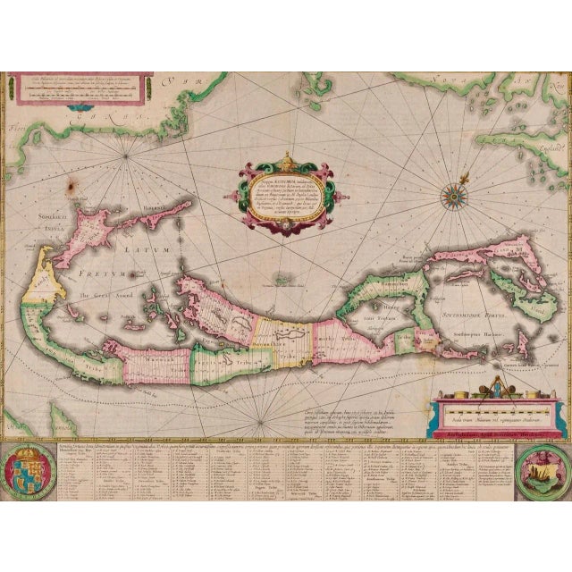 This attractive and interesting map of Bermuda by Henricus Hondius in 1633 is entitled "Mappa Aestivarum Insularum, Alias...