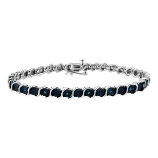 .925 Sterling Silver 1/10 Cttw Miracle-Set Treated Blue Color Diamond Miracle Plate "S" Link Tennis Bracelet (Blue Color, I2- I3 Clarity) - 7.25" For Sale