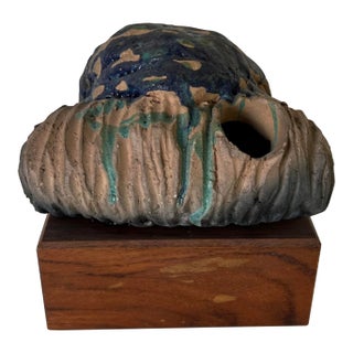 80's Vintage Art Pottery Sculpture on Wood Base For Sale