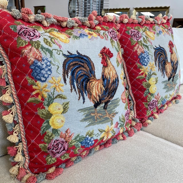 Vintage Needlepoint Rooster Pillows With Tassels a Pair Chairish