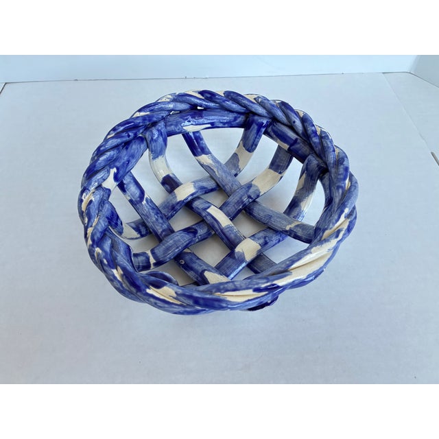 Vintage Blue White Ceramic Pottery Basket Weave Bowl For Sale - Image 4 of 9
