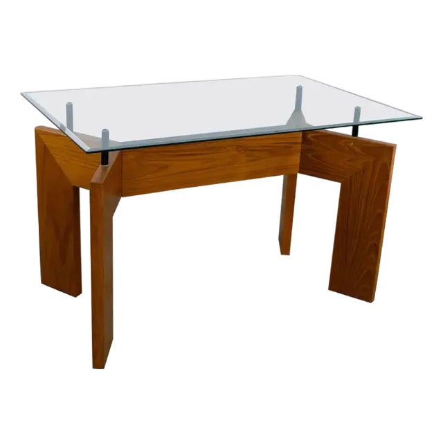 Mid to Late 20th Century Modern to Scandinavian Modern Dining Table Teak Slab Base & Rectangular Beveled Glass Top For Sale