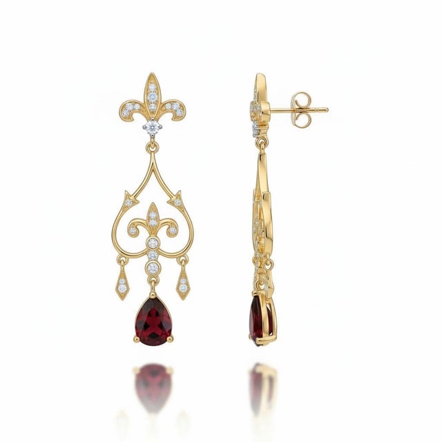 Modern Fleur De Lis Chandelier Earrings Studs With Garnet in Silver, Gold, A Pair For Sale - Image 3 of 6