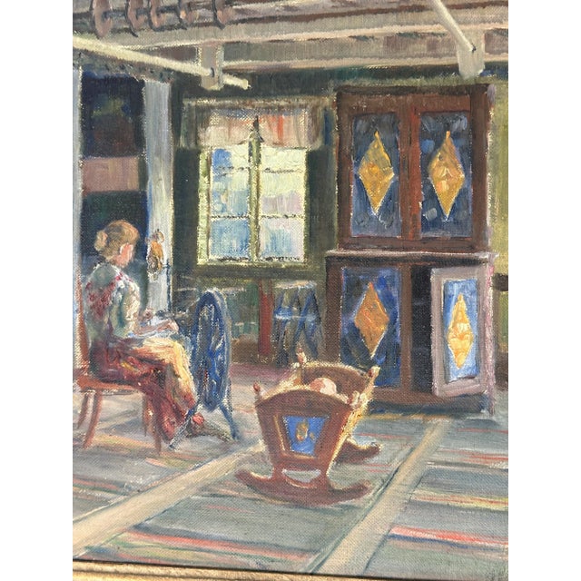 Textured Vintage Oil Painting of a Woman at a spinning wheel, surrounded by striped woven floor rugs and bed canopies....