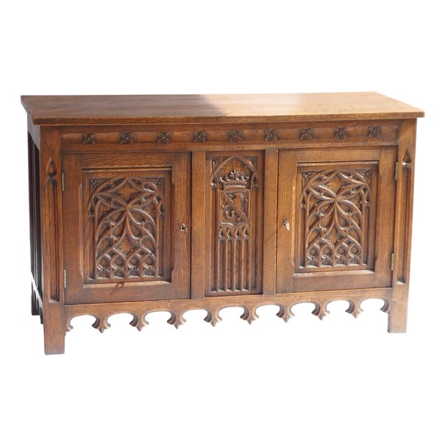 Antique 19th Century Gothic Wooden Credenza with Doors and Lock For Sale