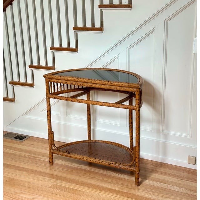 Brown 1970s Rattan & Faux Tortoise Bamboo Demilune Console Table With Lower Shelf For Sale - Image 8 of 12