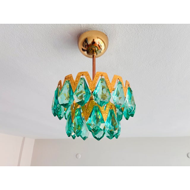 1960s Luxury Mini Brass Chandelier With Turquoise Crystal Drops, Starburst Shadow Ceiling Projection Light, Restored Antique Style Light Fixture For Sale - Image 6 of 18