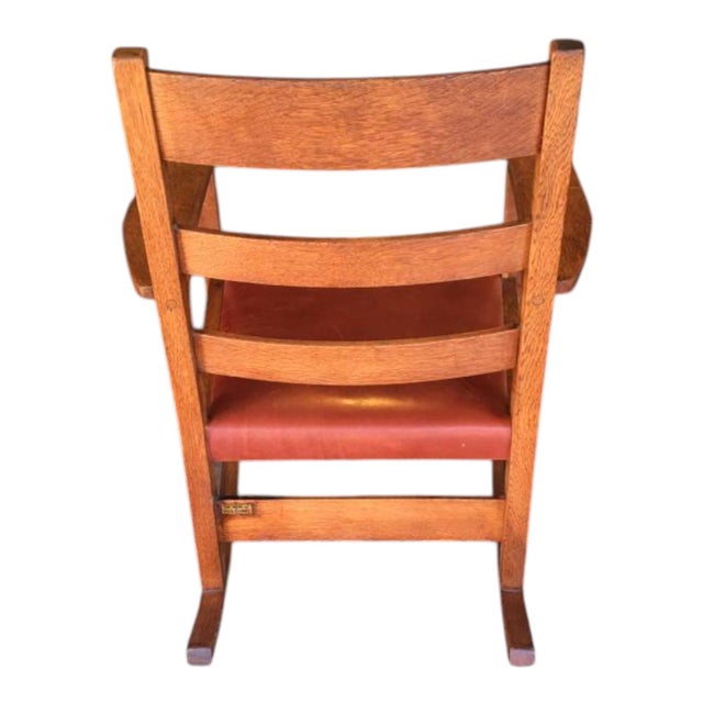 L & J. G. Stickley Oak Rocking Chair With Cognac Saddle Leather Covered Seat, Circa 1912 - 1920 For Sale - Image 9 of 12