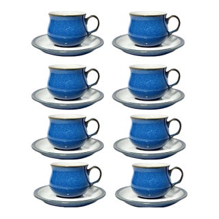 1990s Denby “Imperial Blue” Set of 8 Stoneware Teacups & Saucers For Sale