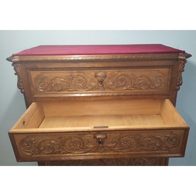 Antique Italian Chest of Drawers in Carved Nutwood with Velvet Top, 1890s For Sale - Image 11 of 18