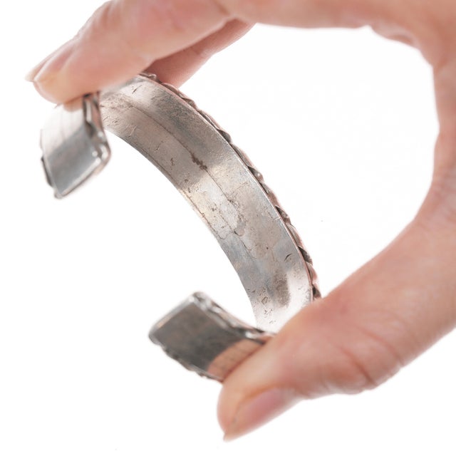 Metal 6.25" Vintage Zuni Turquoise and Shell channel inlay silver cuff bracelet For Sale - Image 7 of 11