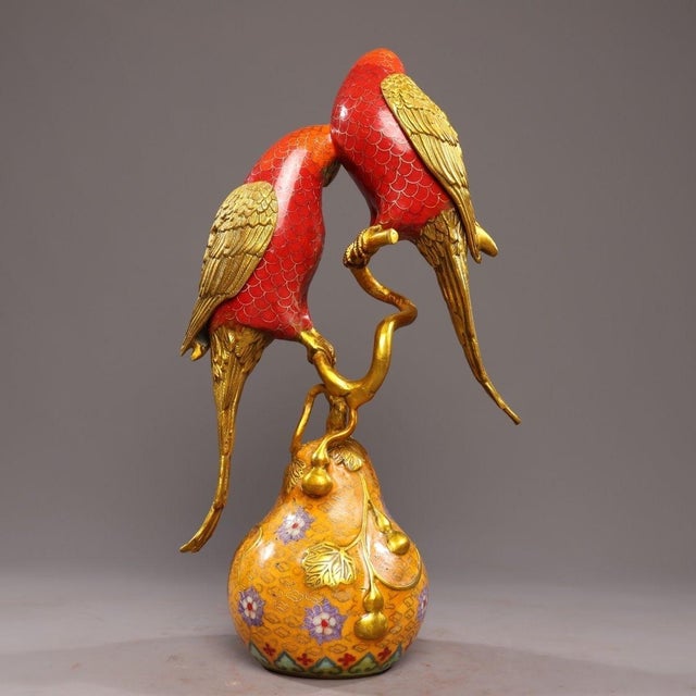 Late 20th Century Gilt Bronze Cloisonné Enamel Parrot Incense Burner on Gourd Base For Sale In Los Angeles - Image 6 of 10