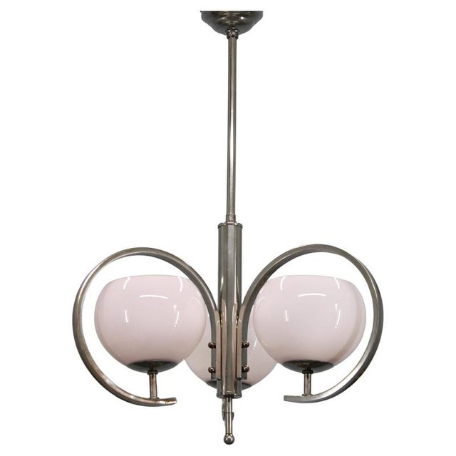 Art Deco Nickel Chandelier with Light-Pink Opaline Shades, Former Czechoslovakia, 1930s For Sale - Image 12 of 12