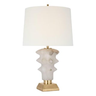 Thomas O'Brien by Visual Comfort Signature Luxor Medium Table Lamp in Alabaster and Hand-Rubbed Antique Brass with Linen Shade For Sale
