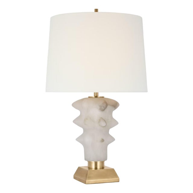 Thomas O'Brien by Visual Comfort Signature Luxor Medium Table Lamp in Alabaster and Hand-Rubbed Antique Brass with Linen Shade For Sale