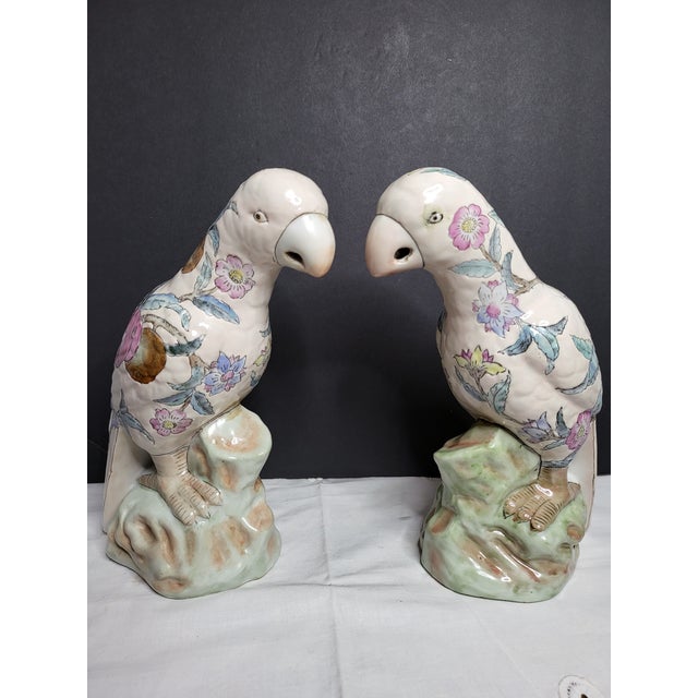 1950s Mid Century Modern Famille Rose Style Parrot Figurines - Hand Painted For Sale - Image 5 of 6