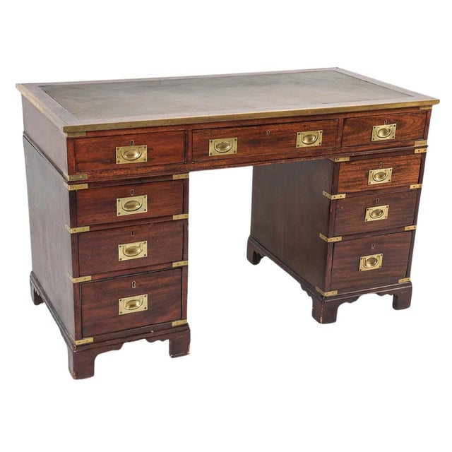 Campaign Vintage Campaign Style Mahogany and Brass Desk With Leather Top For Sale - Image 3 of 6