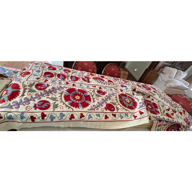 Red Vintage Silk Hand Embroidered Suzani Bed Cover From Uzbekistan For Sale - Image 8 of 13