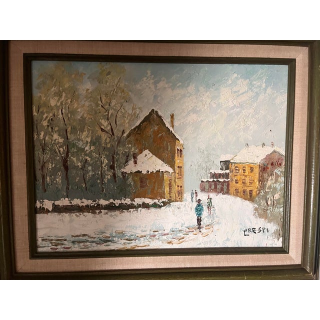 Vintage Oil Painting 1976Winter Village Scene Signed Preski Framed Original Art For Sale In Washington DC - Image 6 of 9