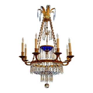 19th Century French Gilt Brass and Crystal Chandelier With Cobalt Glass For Sale