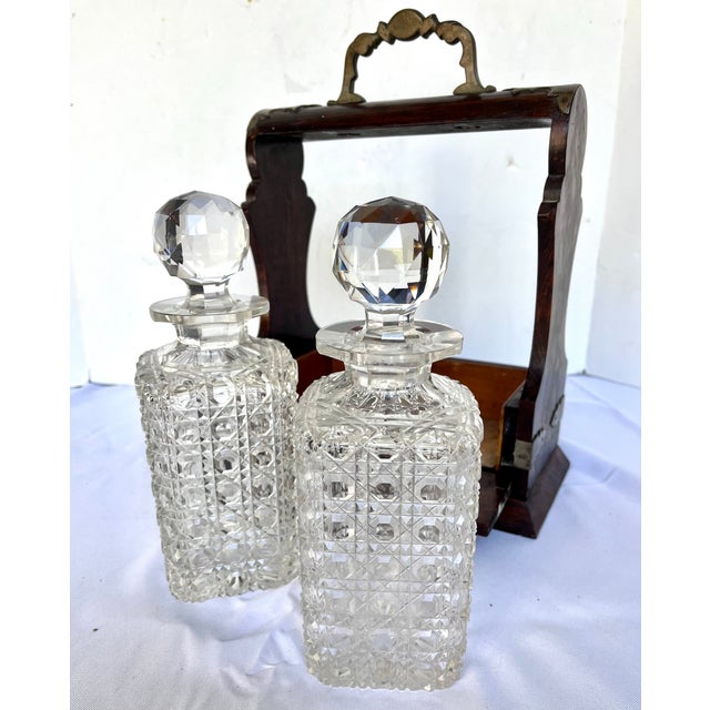 English Antique Late 1800s English Oak Two Decanter Tantalus with Key - 4 pcs For Sale - Image 3 of 12