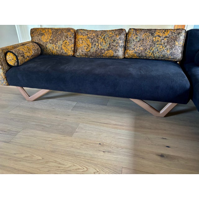 1960s 1960's MCM 2-Piece Sectional Sofa Reupholstered in a Luxuriously Soft Black Chenille and a Burnt Orange/Tan/Brown Paisley Cotton Fabric For Sale - Image 5 of 12