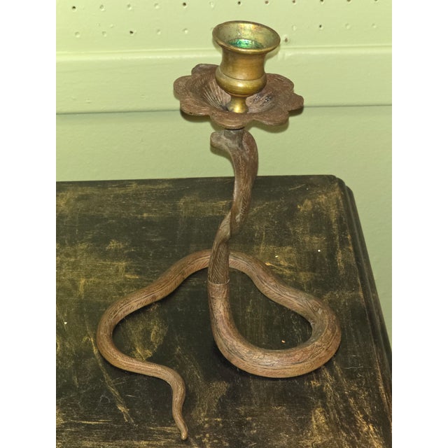 Art Deco Mid 20th Century Brass Cobra Candlesticks- a Pair For Sale - Image 3 of 8