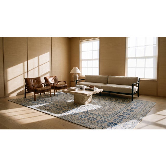 1920s White Blue Geometric Antique Agra Cotton Rug 3'6" X 5'9" Handknotted Wool Carpet For Sale - Image 9 of 9