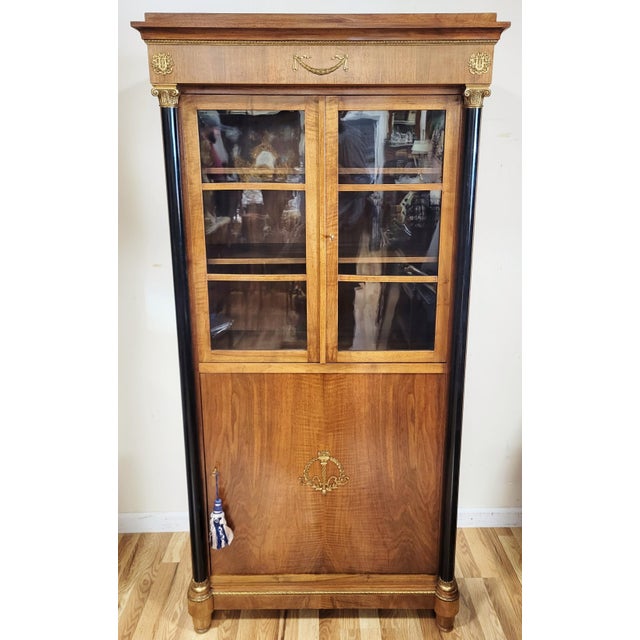 Neoclassical 19th C French Walnut Ebony & Bronze Empire Curio Vitrine Bookcase For Sale - Image 3 of 18