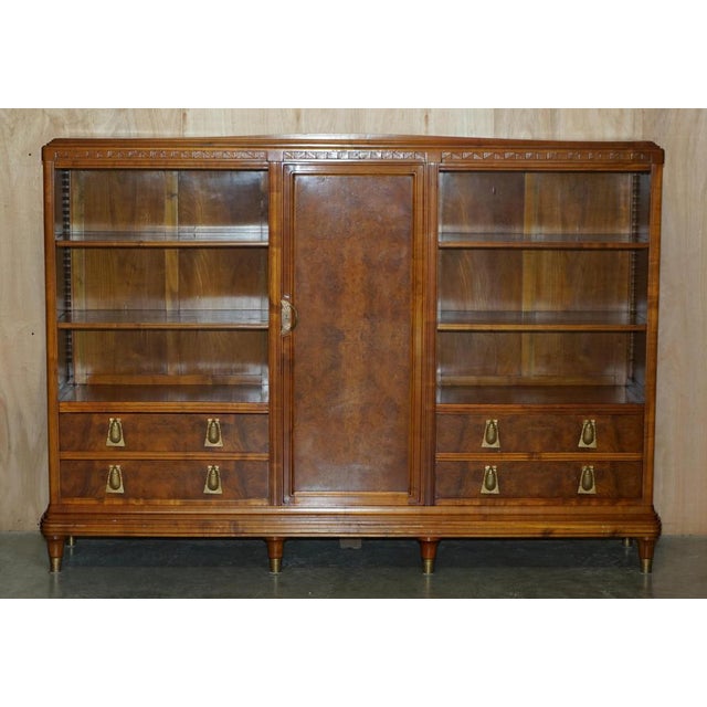Lovely 1 of 2 large hand made in paris france, leon jallot art nouveau, burr walnut & oak bookcase cupboard with drawers...